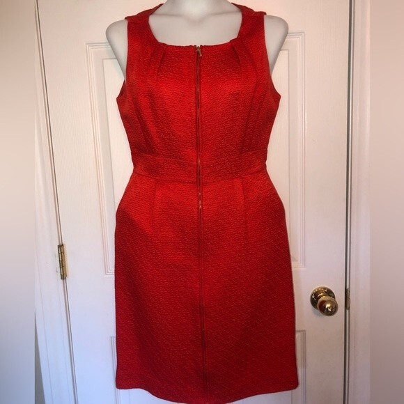 Tory Burch Size 10 Red Blood Orange Silk Blend Structured Front Zipper Dress - Picture 2 of 16